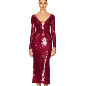NWT Anthropologie BARDOT VERONA LONG-SLEEVE SEQUIN SLIM wine MIDI DRESS. Size 12